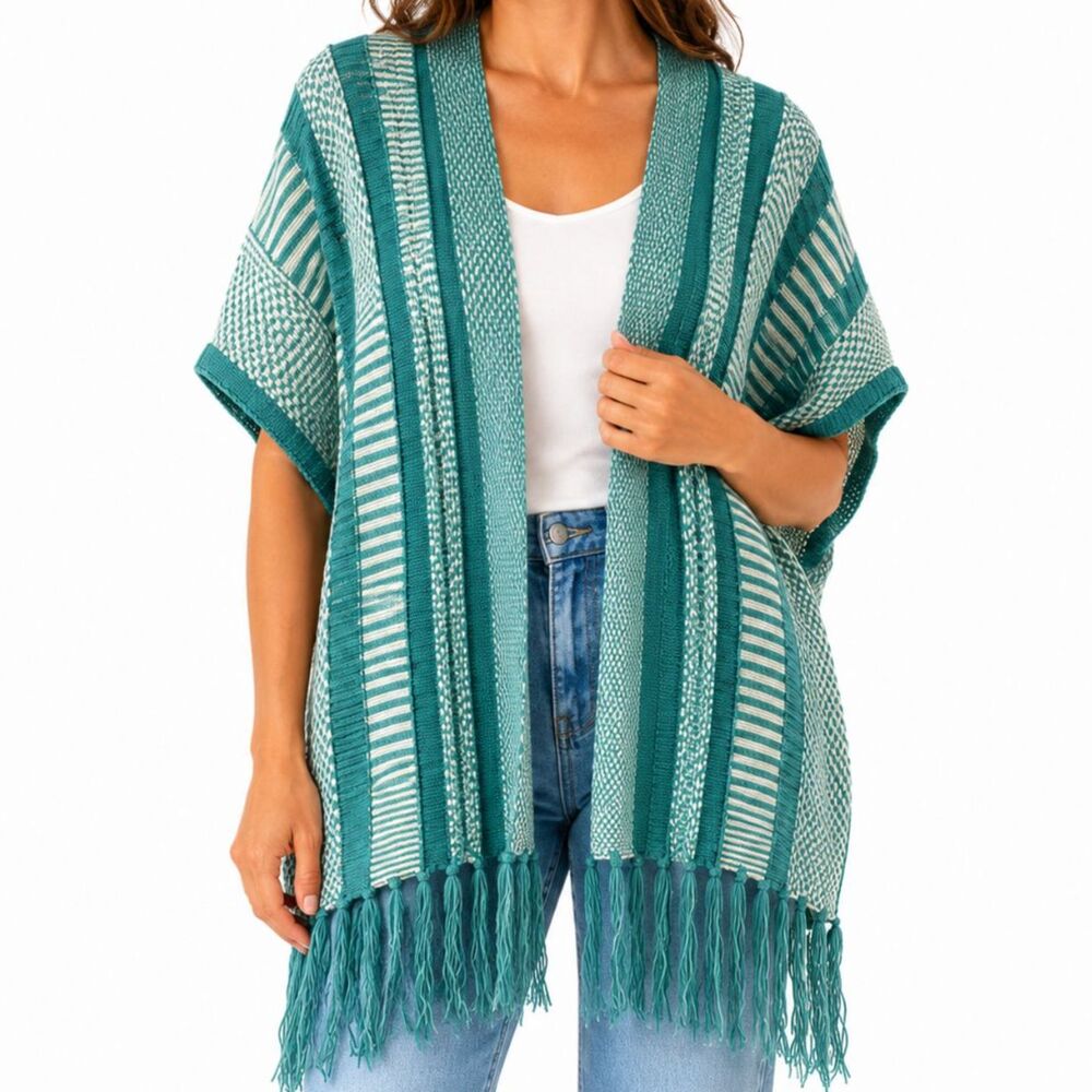 NWT Anthropologie Teal Striped Open-Front Cardigan with Fringe - OS